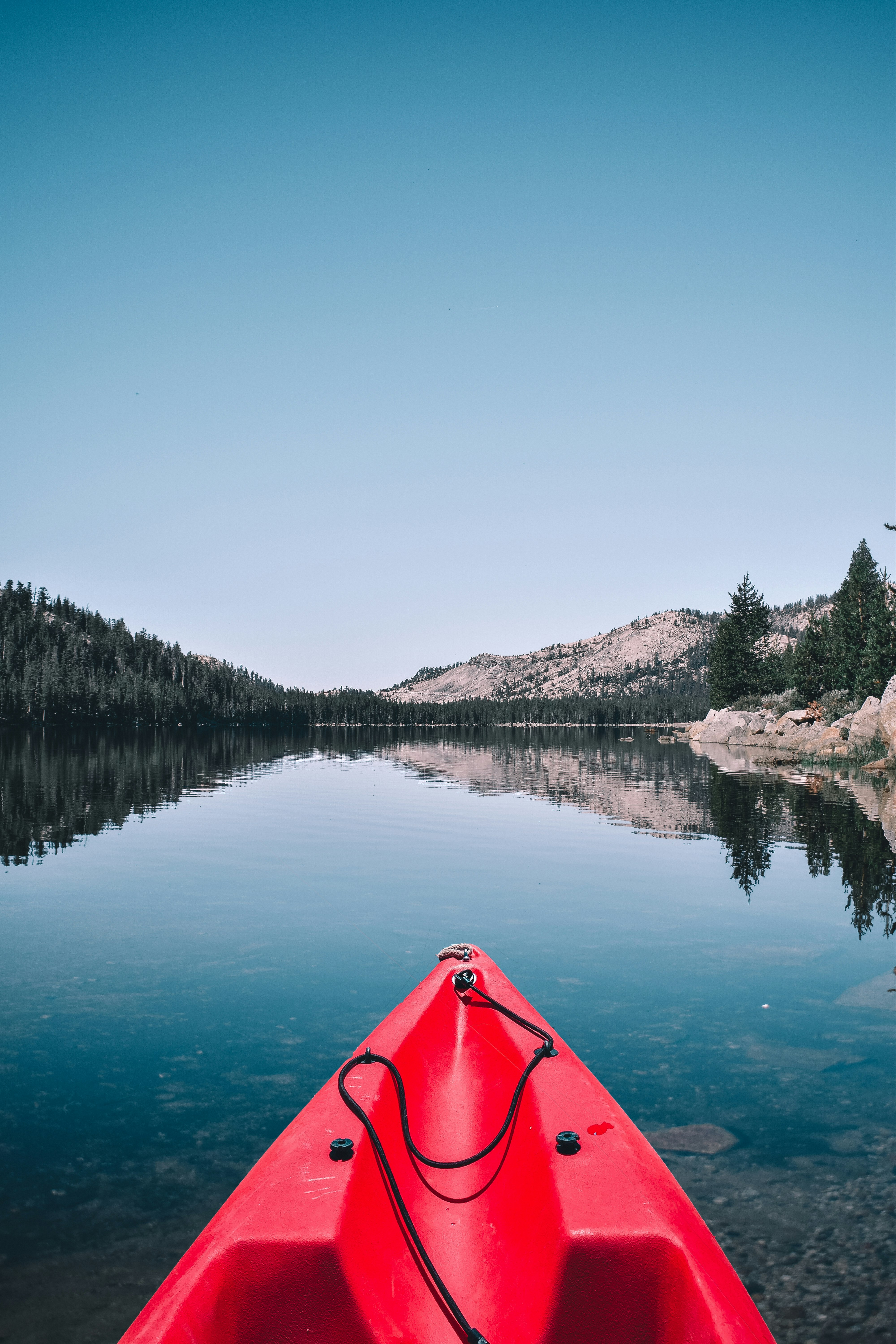 person capturing forest and mountain while in kayak